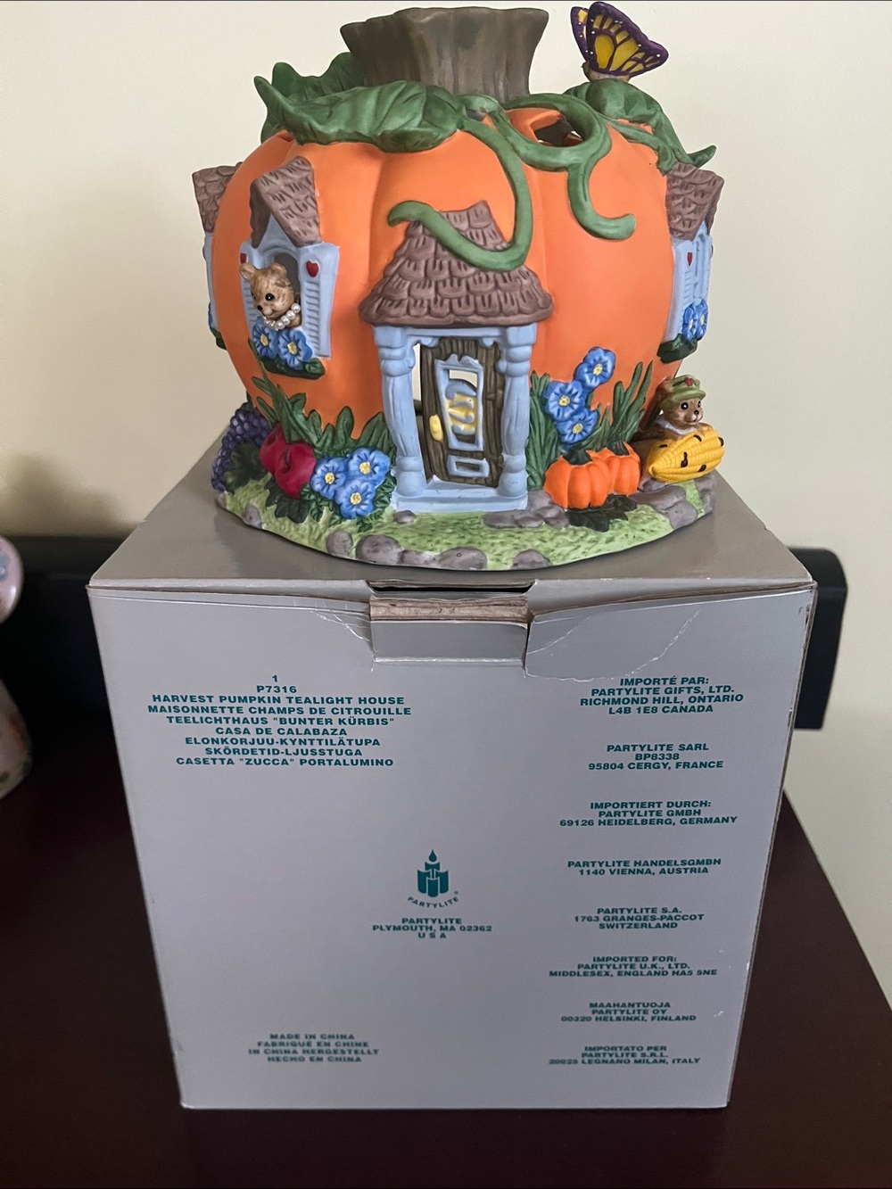 PartyLite Orange Pumpkin Tealight House with Blue Floral Accents